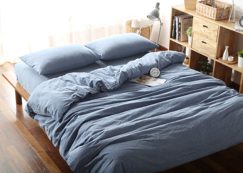 F.Y.Dreams 100% Washed Cotton Duvet Cover for Weighted Blanket 60x80 inches with 8 Ties,Zipper on Long Side/Demin Blue/Just Duvet Cover - Image 1
